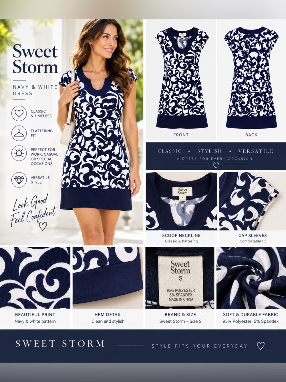 Sweet Storm Navy Blue & White Dress Size S